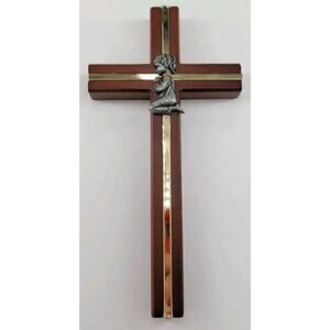 Vtg Style Praying Girl Pewter Metal Wood Wall Cross Baptism Christening gift